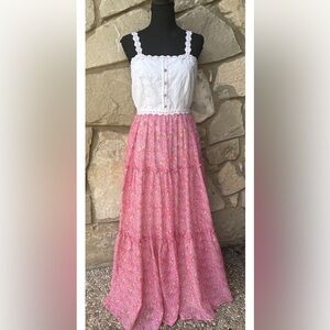Vintage Nadine 70s Dress Size XS Pink Floral Tiered‎ Sundress White Eyelet EC